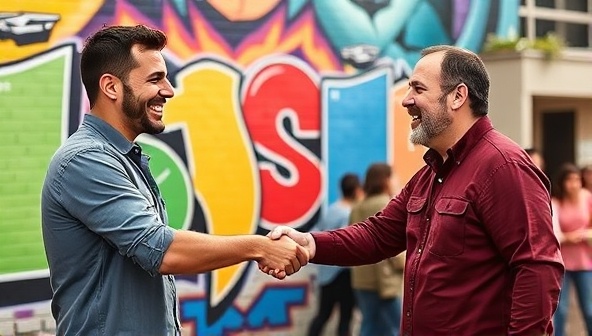 An influencer and a local business owner shaking hands in front of a vibrant mural, symbolizing a partnership formed through CommunityConnect, with a community gathering in the background, signifying local support and engagement.
