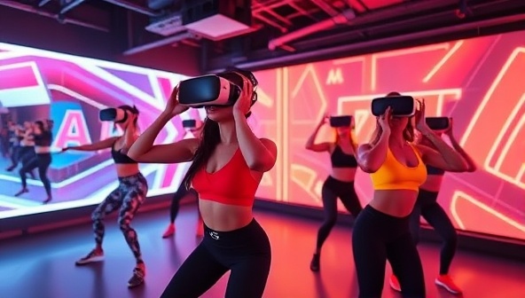 An immersive image of users participating in a virtual reality fitness class at FitVR Studio, with avatars performing workout routines and challenges in a dynamic and futuristic virtual environment, surrounded by motivating visuals and interactive fitness elements, illustrating the engaging and immersive nature of FitVR Studio's virtual fitness classes.
