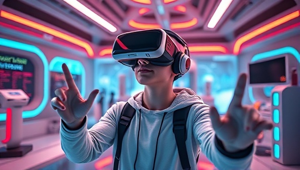 An engaging virtual reality world with a digital avatar representing a virtual influencer interacting with futuristic products, showcasing the agency's innovative approach to influencer marketing.