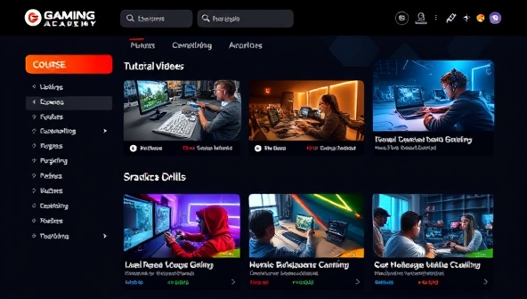 An online gaming academy interface featuring course listings, tutorial videos, and skill development resources, with images of students engaging in virtual coaching sessions and practice drills, symbolizing growth and improvement in gaming skills.