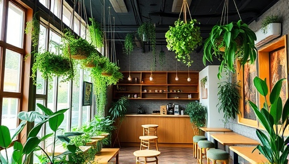An inviting café interior filled with greenery, hanging plants, and a cozy seating area, evoking a tranquil and eco-friendly ambiance for customers to relax and enjoy a cup of coffee.
