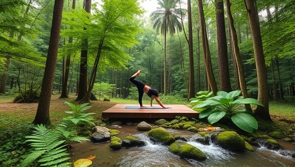A tranquil forest setting with a serene yoga platform, surrounded by lush greenery and gentle flowing streams, creating a peaceful and meditative space for a digital detox retreat at Serenity Escape Haven.