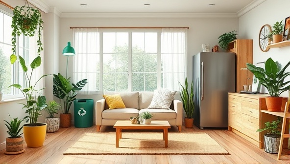 A virtual sustainable living room setup with eco-friendly decor, recycling bins, houseplants, and energy-efficient appliances, showcasing a green lifestyle and environmental consciousness in a visually appealing home environment.