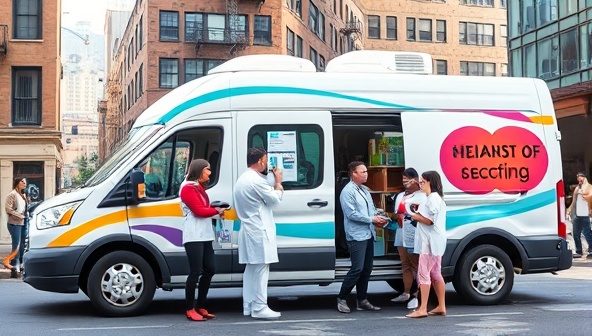 An image of a vibrant mobile van parked in a bustling urban neighborhood, with healthcare professionals conducting screenings for a diverse group of individuals, showcasing accessibility and proactive health monitoring on-the-go.