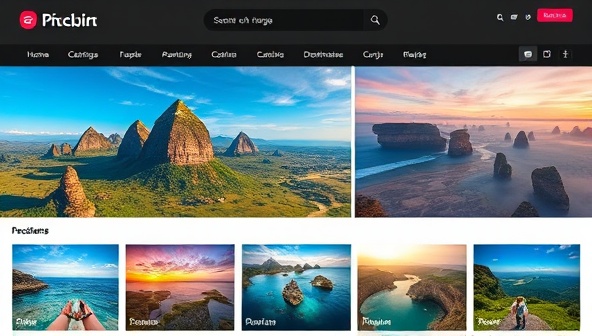 A digital platform showcasing a diverse range of exotic travel destinations, accompanied by vibrant images of picturesque landscapes and cultural experiences, evoking a sense of wanderlust and adventure.