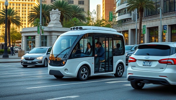 An urban street scene featuring a sleek self-driving shuttle navigating through traffic with passengers onboard, highlighting the advanced technology and efficient mobility provided by AutoTransit Solutions' autonomous public transport network.