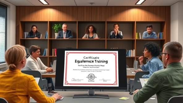 An engaging visual of a virtual classroom environment with diverse learners participating in a legal compliance training session, with a digital certificate displayed on the screen upon course completion, emphasizing the educational and certification aspect of the platform.