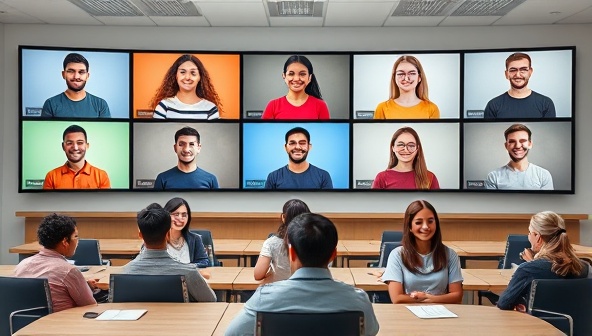 A virtual classroom setting with diverse avatars representing users from different cultural backgrounds engaging in language activities on digital screens, showcasing a dynamic and inclusive learning environment.