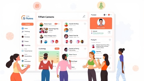 An interactive digital illustration of FitFam Connect's platform interface, featuring user profiles, workout sharing, challenge participation, and motivational feeds, with diverse users interacting, cheering each other on, and celebrating fitness achievements, fostering a sense of community and support.