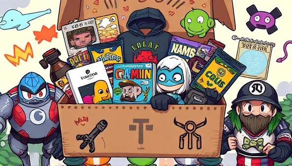 An artistically designed subscription box overflowing with gaming-related goodies, including merchandise, collectibles, snacks, and exclusive items, adorned with vibrant gaming-themed illustrations and graphics, creating a sense of excitement and anticipation for subscribers.