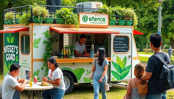 A vibrant food truck adorned with green plants and eco-friendly slogans, surrounded by happy customers enjoying their sustainable meals in a park setting, conveying a sense of community and environmental awareness.