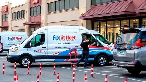 An engaging visual representation of a service van parked at a business location with technicians performing maintenance tasks on various vehicles, showcasing the convenience and professionalism of the FixIt Fleet on-demand vehicle repair service in action.