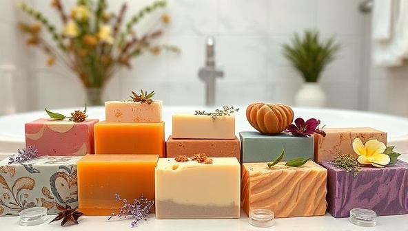Aromatic handmade soap bars arranged in an elegant display showcasing a variety of colors, textures, and botanical adornments in a serene bathroom setting, inviting the viewer to indulge in a sensory bath experience with luxurious artisanal soaps.