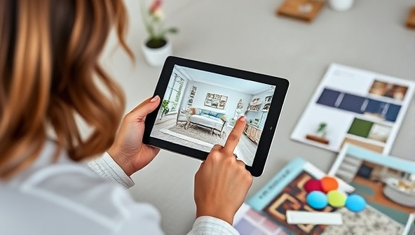 An interior designer using the ARchitect Interiors app on a tablet, superimposing virtual furniture and decor elements onto a room, surrounded by design magazines and color swatches, showcasing the versatility and convenience of the AR design tool.