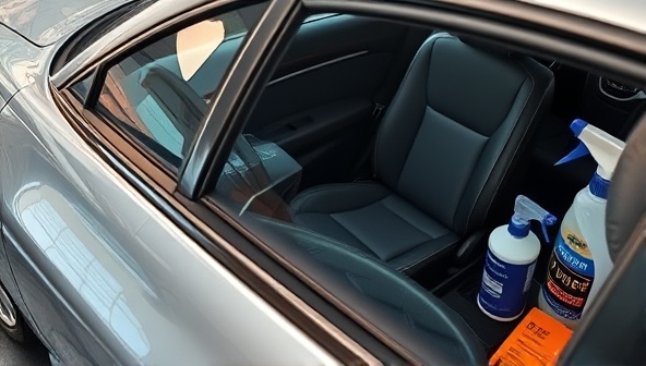 An image of a shiny, spotless car exterior with a sparkling clean interior, surrounded by premium car detailing products and equipment, illustrating the high-quality service and attention to detail provided by the mobile car detailing business.