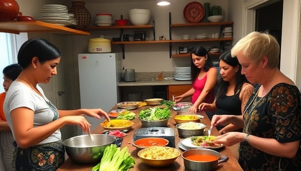 An inviting kitchen setting with a local host teaching a group of travelers how to prepare a traditional dish, surrounded by colorful ingredients and cooking utensils, fostering a warm and interactive culinary exchange experience.