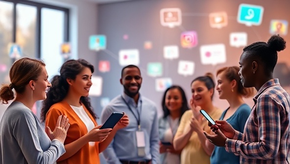 An engaging visualization of a voice-activated social media campaign, featuring a group of diverse individuals interacting with a virtual assistant and participating in interactive voice-based marketing activities, conveying a sense of innovation and connectivity.