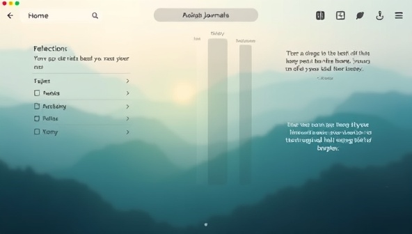A serene digital journaling interface with calming colors and nature-inspired themes, featuring prompts for reflection, mood tracking tools, and inspirational quotes, creating a tranquil and inviting space for users to engage in mindful journaling practices.