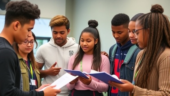 A diverse group of students engaging in career exploration activities such as job shadowing, skills assessments, and industry tours, guided by mentors and professionals, creating an immersive and enlightening experience for young individuals to shape their future paths.