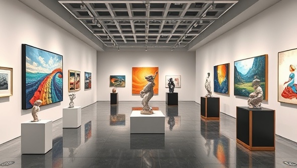 A virtual art gallery with digital art installations, sculptures, and paintings showcased in a contemporary gallery space, surrounded by interactive touchpoints for exploring artworks and purchasing pieces, creating a sophisticated and immersive art exhibition experience in a digital format.