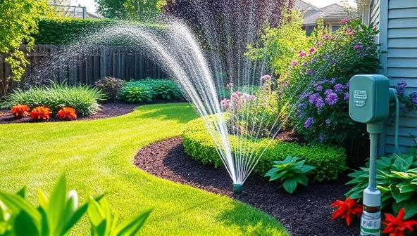 An aesthetically pleasing visual showcasing a lush garden with a smart irrigation system in action, controlled by a mobile app, alongside professional landscapers installing water-efficient sprinklers and sensors, conveying the beauty and practicality of smart landscaping solutions.