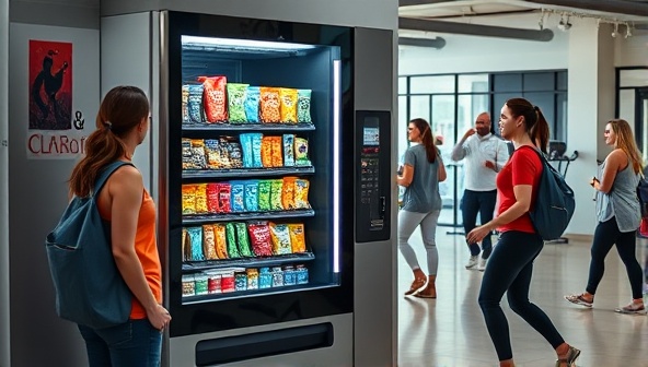 An innovative and sleek vending machine stocked with an array of colorful and wholesome snacks, placed in a bustling gym or office lobby setting, with health-conscious customers eagerly making selections, embodying the convenience and appeal of healthy snacking on the go.