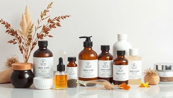 An elegant display of natural skincare ingredients like botanical extracts, essential oils, and herbs, arranged in a spa-like setting with apothecary jars and minimalist packaging, conveying purity and luxury in the bespoke skincare line.