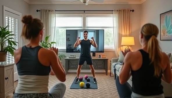 An inspirational image of a virtual fitness coach leading a workout session via a video call, with energetic participants following along from their homes, showcasing the convenience and effectiveness of virtual fitness coaching.