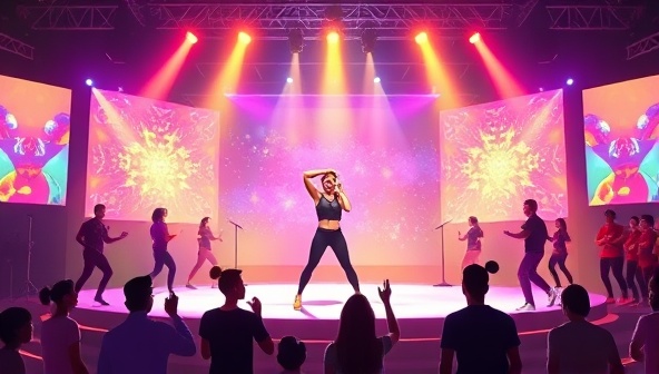 An illustration of a virtual fitness concert with a fitness instructor leading a workout session on a vibrant digital stage, surrounded by virtual participants following along to the music, creating a dynamic and energetic atmosphere for the virtual workout experience.