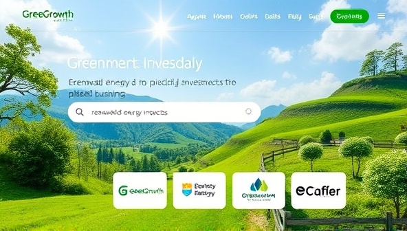 An eco-friendly investment platform interface featuring lush green landscapes, renewable energy projects, and sustainable business logos, conveying a sense of environmental consciousness and responsible investing offered by GreenGrowth Investments.