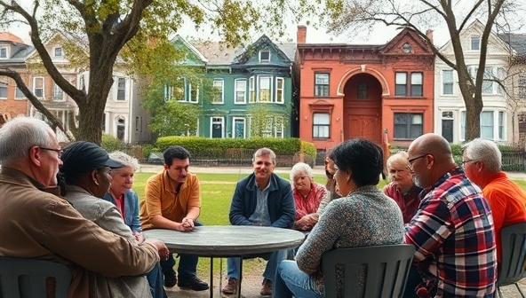 An evocative image of a diverse group of neighbors gathered around a storytelling circle in a park, sharing anecdotes and memories, with iconic neighborhood landmarks in the background, capturing the essence of community connection and storytelling embraced by Community Chronicles.