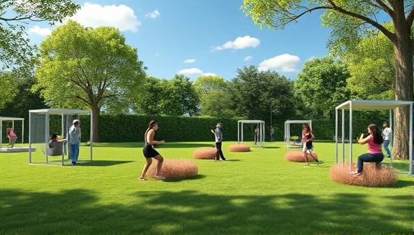 An artistic rendering of a serene park setting with strategically placed EcoFit Pods surrounded by lush greenery, showcasing individuals of diverse backgrounds engaging in outdoor fitness activities under the open sky.