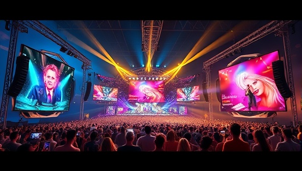 A virtual music festival environment showcasing multiple stages with different genres of music, colorful visuals, interactive elements, and animated avatars enjoying the festival atmosphere, creating a vibrant and dynamic online music experience.