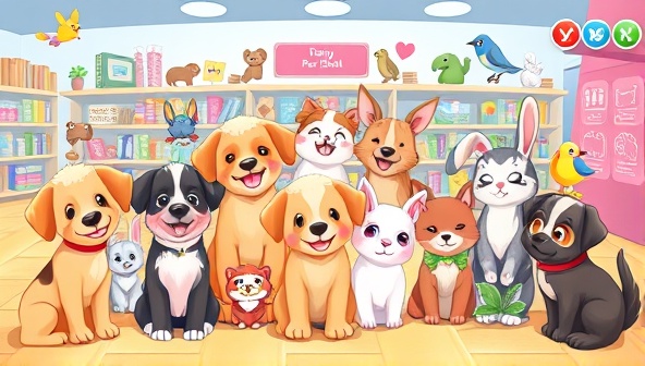 A colorful and heartwarming illustration of diverse virtual pets, such as dogs, cats, rabbits, and birds, displayed in a digital adoption center with vibrant backgrounds and interactive elements, evoking feelings of joy and companionship.