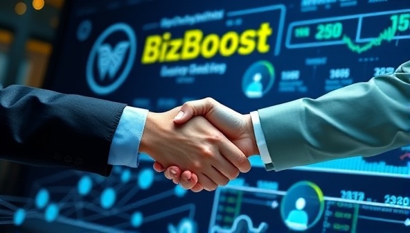 An engaging visual representation of small business owners and investors shaking hands over a digital interface, symbolizing trust and collaboration within the BizBoost Lend peer-to-peer lending network, with virtual money transfer animations in the background illustrating the lending process.