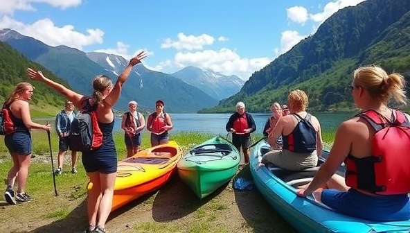 A group of diverse adventurers engaging in outdoor activities like hiking and kayaking in a picturesque natural setting, accompanied by fitness guides leading challenging exercises and wellness activities, promoting camaraderie and self-discovery in an adventurous journey.