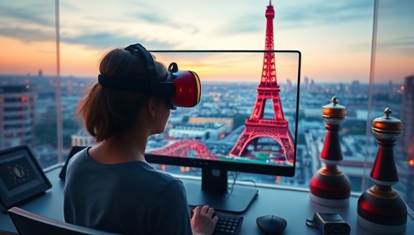 A computer screen displaying a vibrant virtual tour of the Eiffel Tower in Paris, with a user wearing VR goggles immersed in the experience, surrounded by a futuristic digital landscape.