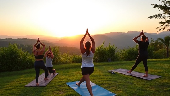 A serene outdoor setting with participants engaging in a yoga session at sunrise, surrounded by lush greenery and distant mountains, capturing the essence of peace, health, and connection to nature at NatureNurture Fitness Retreats.