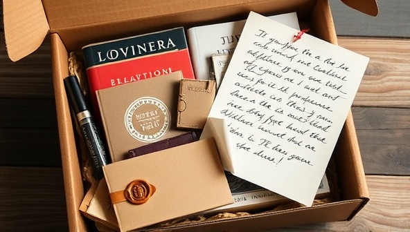 An elegantly designed subscription box filled with a mix of books, writing accessories, and themed items, adorned with a handwritten note and a wax seal, creating a sense of anticipation and delight for the recipient, symbolizing the joy of literary exploration.