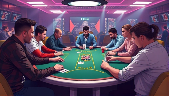 An engaging digital illustration featuring a virtual poker tournament setting with players seated at digital poker tables, cards in hand, and intense gameplay expressions, capturing the competitive spirit and strategic gameplay of online poker tournaments on the platform.