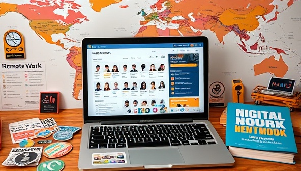 A laptop displaying the NomadConnect platform interface with profiles of digital nomads, job listings, and virtual event announcements, surrounded by travel stickers, a world map, and a digital nomad handbook, creating a vibrant and collaborative setting for remote work networking and community building.