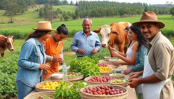 An image of diverse travelers enjoying a farm stay experience, participating in activities such as harvesting fruits, milking cows, and cooking farm-to-table meals, capturing the essence of agri-tourism and cultural exchange in a scenic rural setting.