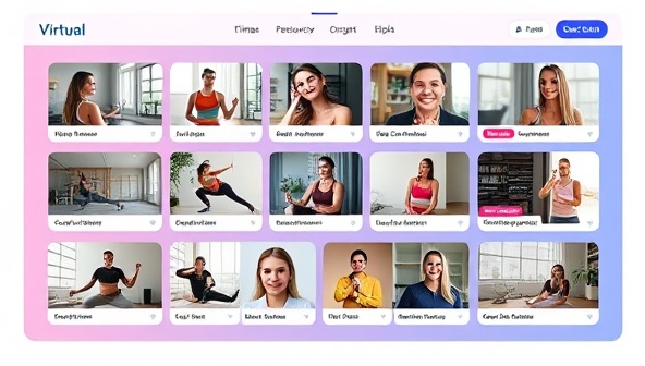 A virtual fitness platform interface showcasing a variety of workout classes, wellness resources, and live coaching options, with diverse fitness trainers and health experts engaging with clients through video calls, workout demos, and nutrition consultations, highlighting the interactive and supportive nature of the virtual fitness coaching experience.