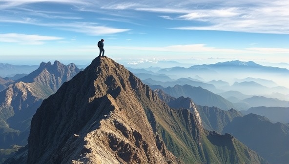 A stunning aerial view of a remote mountain peak with a lone hiker perched at the summit, capturing the essence of adventure and exploration.