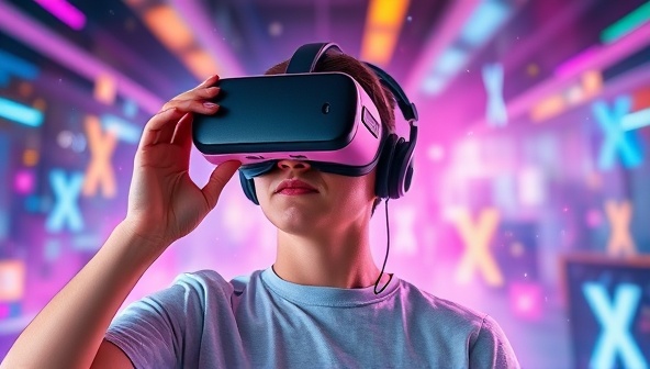 An individual wearing a VR headset, immersed in a colorful and futuristic virtual reality environment, interacting with web design elements floating around them, showcasing the innovative VRWebCraft experience.