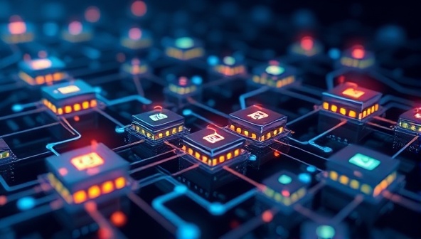 An abstract representation of blockchain technology with interconnected blocks and digital assets flowing through a decentralized network, illustrating the transparency and security of blockchain solutions for businesses.