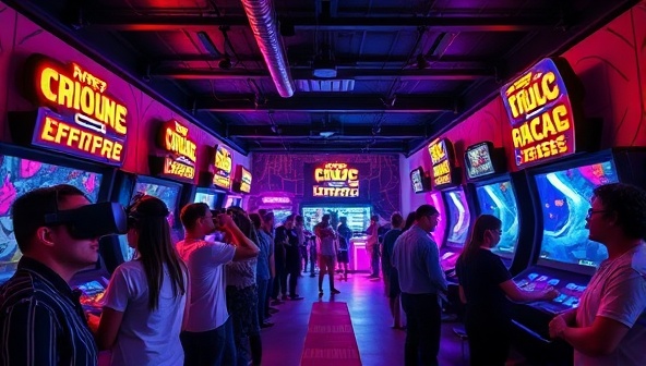 An inviting and futuristic arcade setting with neon lights, VR headsets, and people immersed in different virtual worlds, showcasing the excitement and immersion of the VR arcade experience.