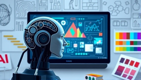 An AI algorithm analyzing design elements on a digital screen, surrounded by creative sketches and color palettes, symbolizing the futuristic and innovative approach of DesignGenius AI.