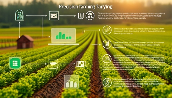 A digital infographic illustrating the integration of IoT sensors and data analytics in a farm setting, highlighting the benefits of precision farming techniques for maximizing crop yields and resource efficiency.