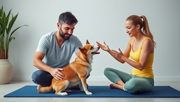 An inspiring image of a pet owner and their pet engaging in a virtual fitness coaching session, showcasing the pet performing exercises under the guidance of a virtual pet fitness coach, highlighting the importance of pet health and fitness coaching services.